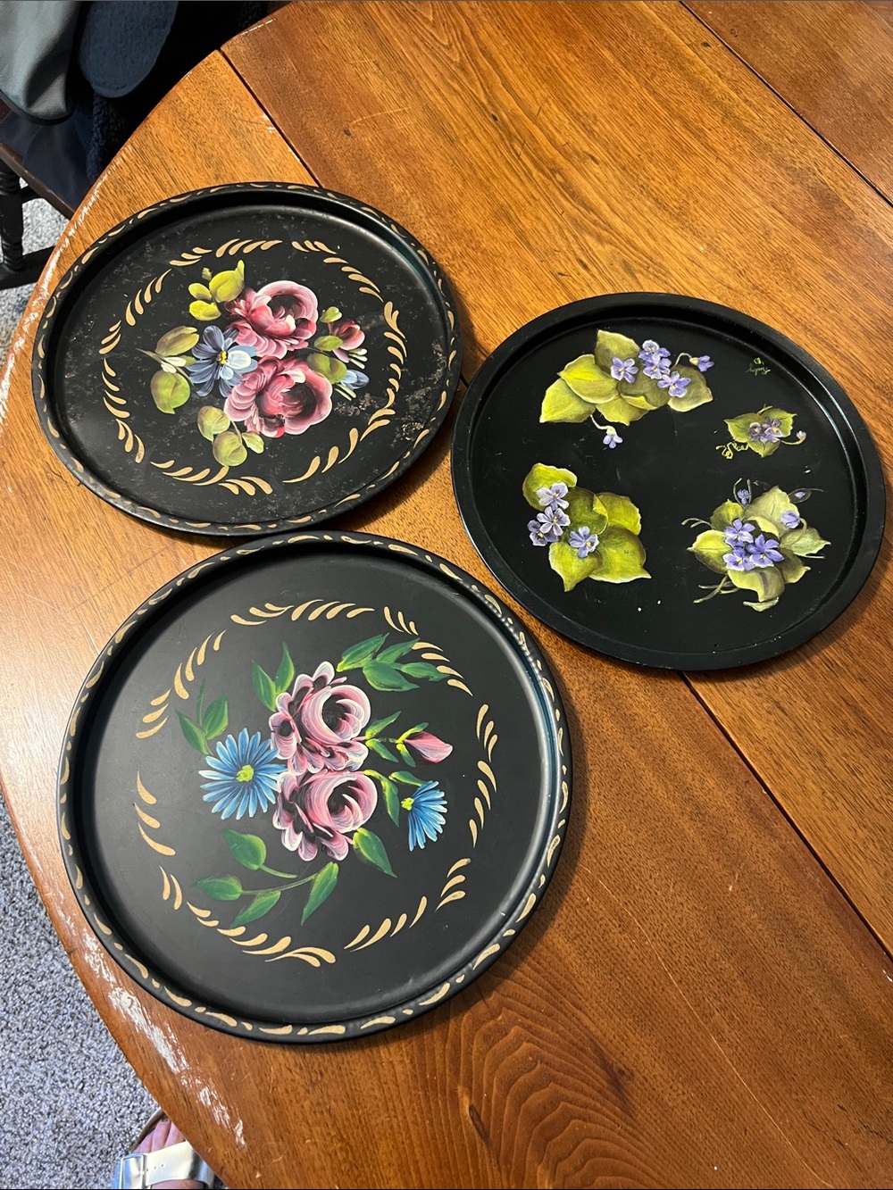 Trio of Tole Hand-Painted Floral Metal Trays